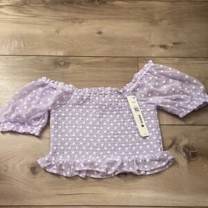 Aqua Lavender Smocked Top with White Floral Accents